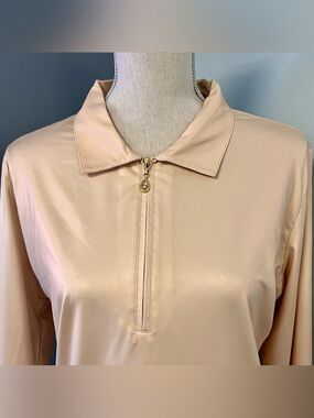 SanSoleil Long Sleeve Gold Collared Golf Shirt Zippered Closure Sz L UPF 50